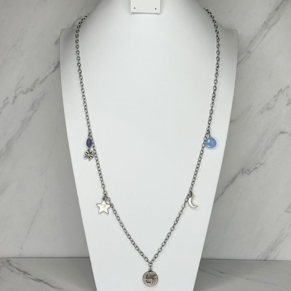 Chico's Moon Star Flower Charm Silver Tone Long Necklace ✨